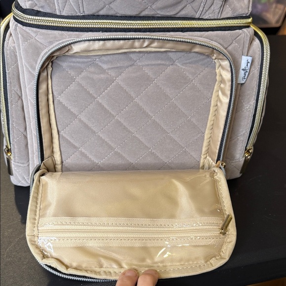 Quilted Gray Makeup Bag with Gold Accents.  Several Pockets With Ample Storage - Picture 8 of 9